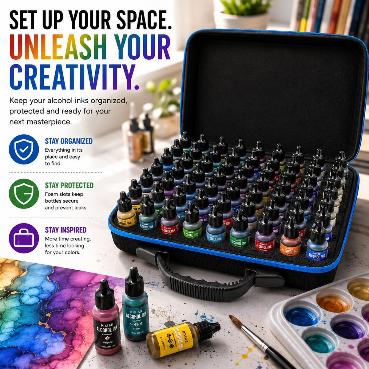 Pixiss Alcohol Ink Storage Carrying Case Organizer, Large Size Stores 60x 0.5-Ounce Bottles of