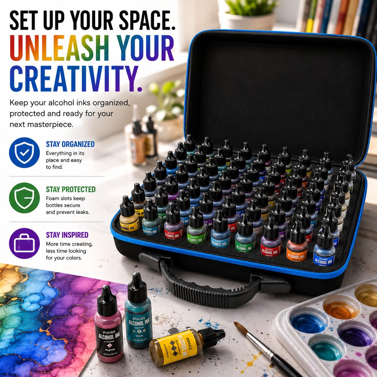 Pixiss Alcohol Ink Storage Carrying Case Organizer, Large Size Stores 60x 0.5-Ounce Bottles of