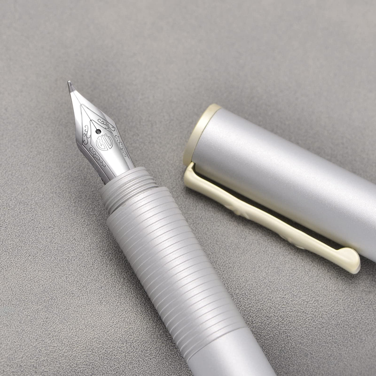 Hongdian H3 Fountain Pen Silver Bent Nib with Bamboo Pen Clip, Black Aluminum Alloy Writing Pen
