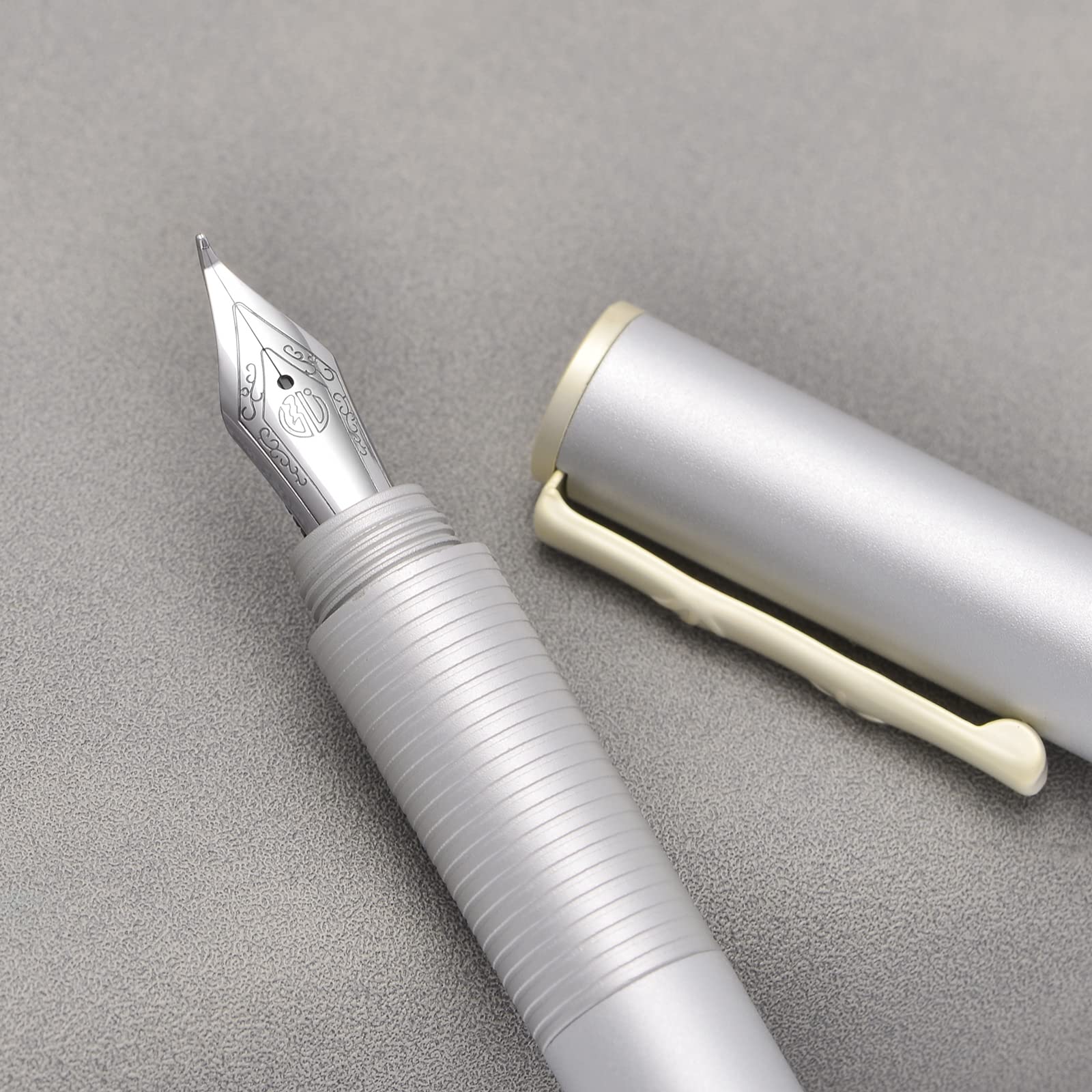Hongdian H3 Fountain Pen Silver Bent Nib with Bamboo Pen Clip, Black Aluminum Alloy Writing Pen