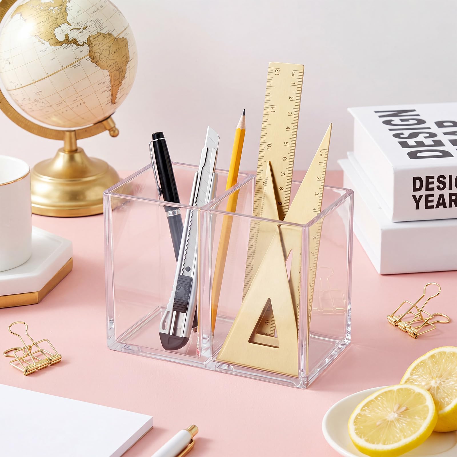 Gejoy 20 Pcs Acrylic Pencil Pen Holder for Desk, Clear 2 Compartment