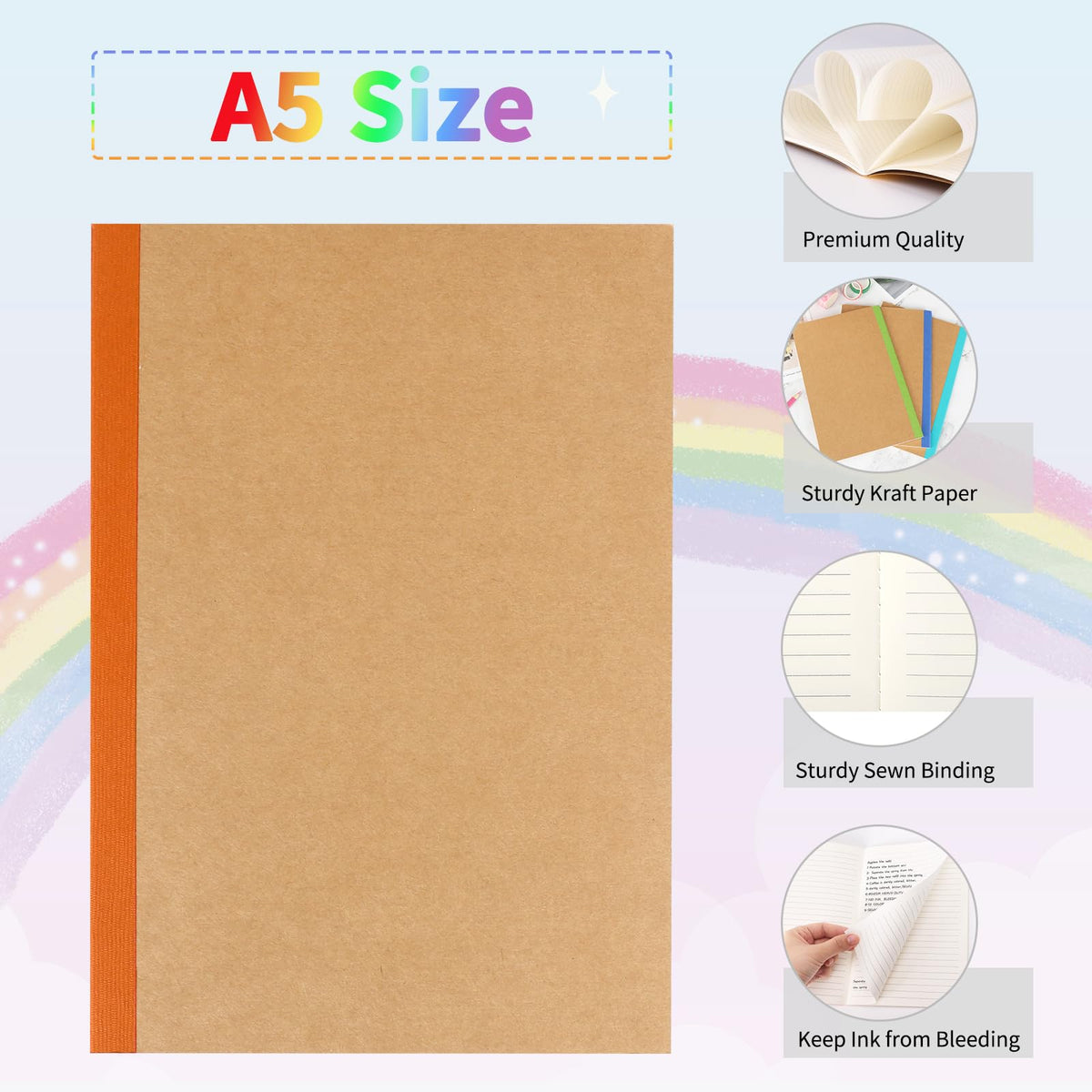 EOOUT 20 Pack A5 Kraft Notebooks, Lined Journal Bulk with Rainbow Spine, 10 Colors, 60 Pages Soft