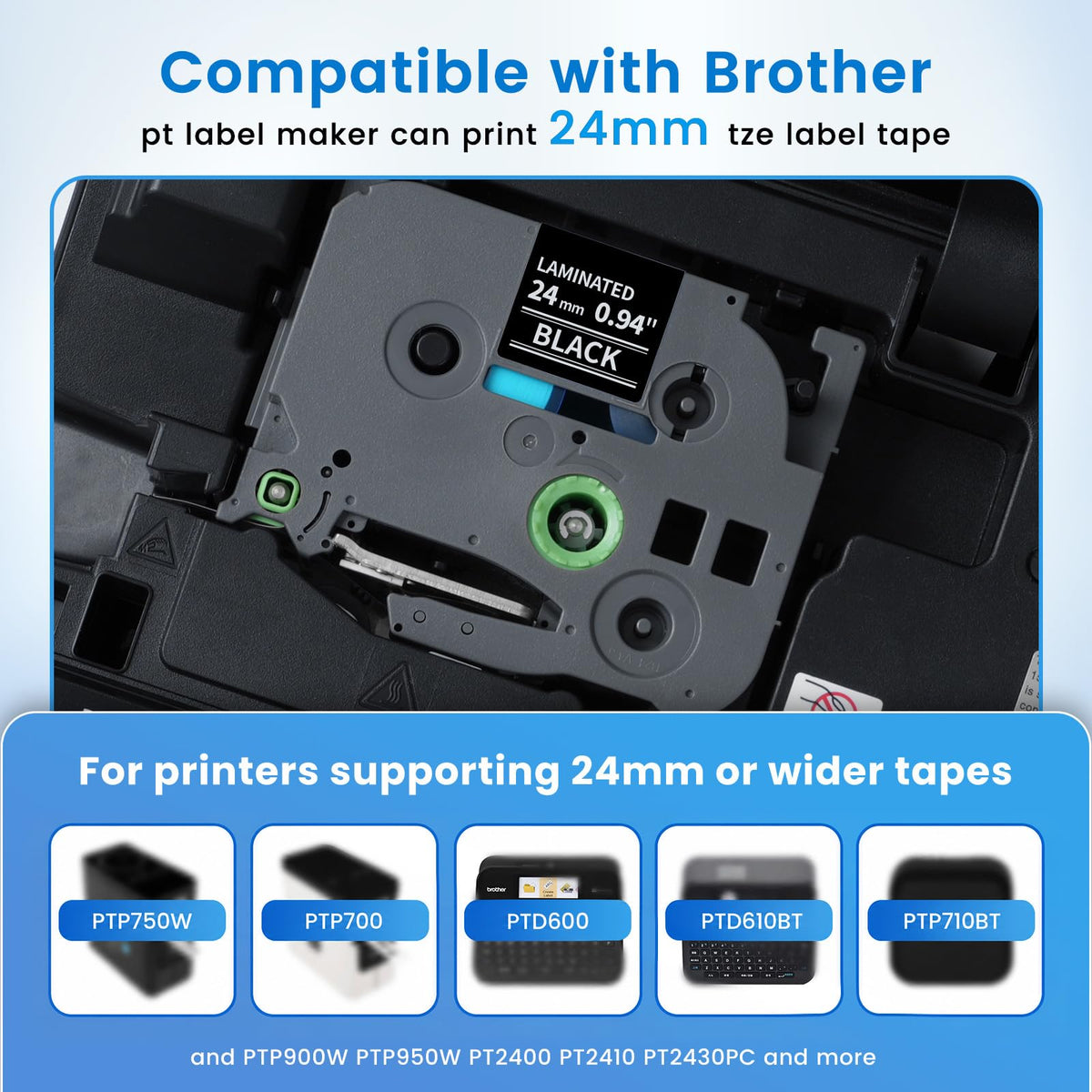 24mm 1 in White on Black Label Tape Compatible with Brother P-Touch TZe-355