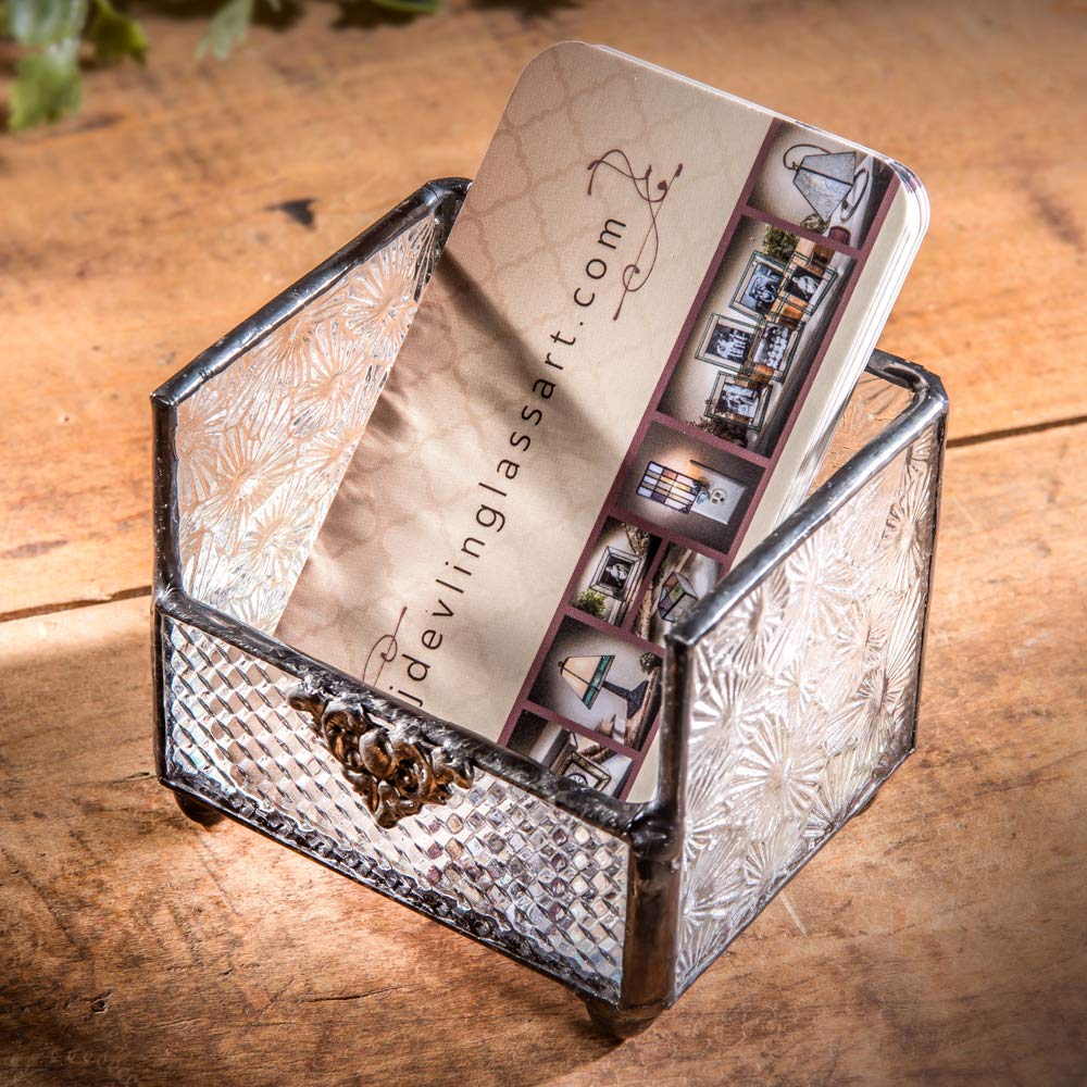 J Devlin Glass Business Card Holder, Decorative Desk Organizer for Office