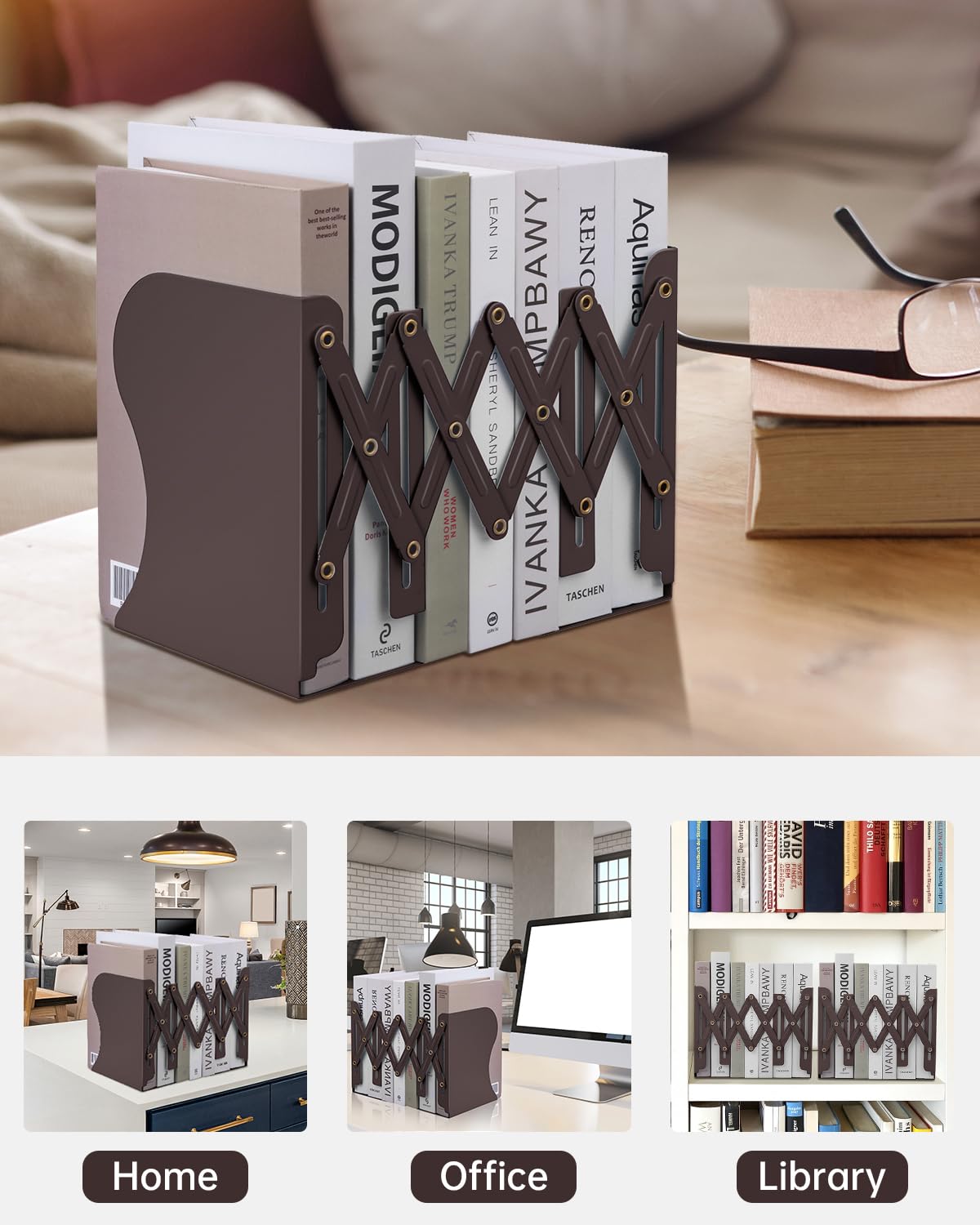 Honagu Adjustable Bookends, Metal Book Ends for Shelves Heavy Book