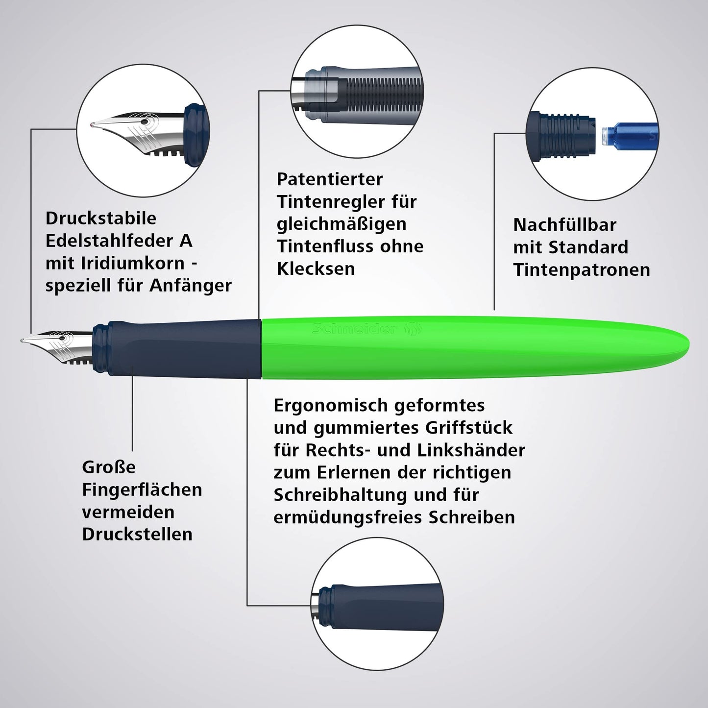Schneider 162114 Wavy Fountain Pen for Right and Left-Handed Users with Beginner Nib Green