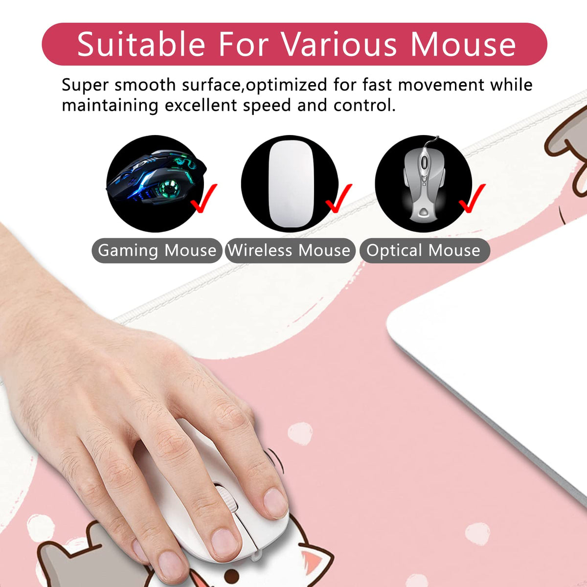 Pink Large Gaming Mouse Pad Cat Desk Mat Cute Mouse Mat 35x15.7x0.12 inch Women Extra Large Desk