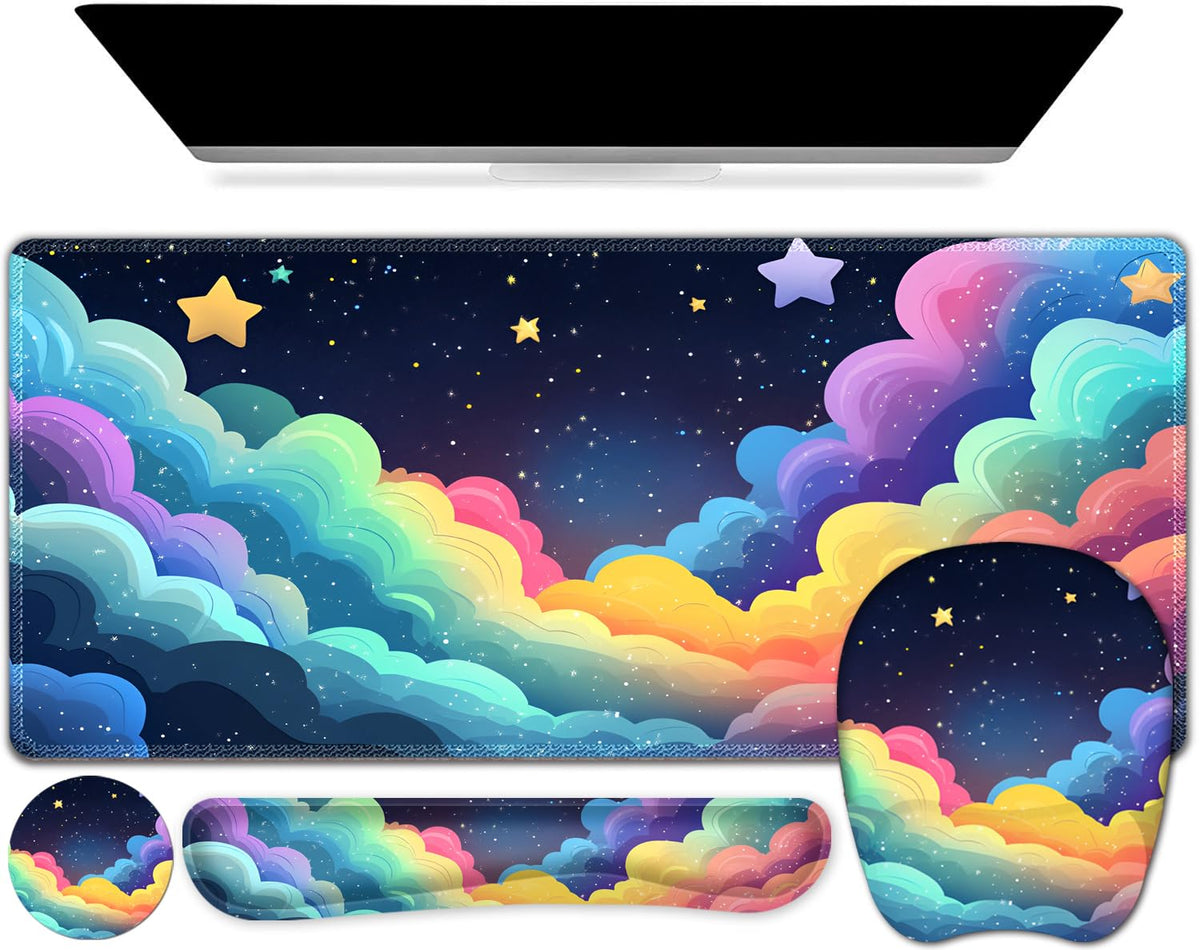 Mouse Pad with Wrist Support 4 in1 Set, XXL Big Game Mousepad + Keyboard Wrist Rest + Mouse Wrist