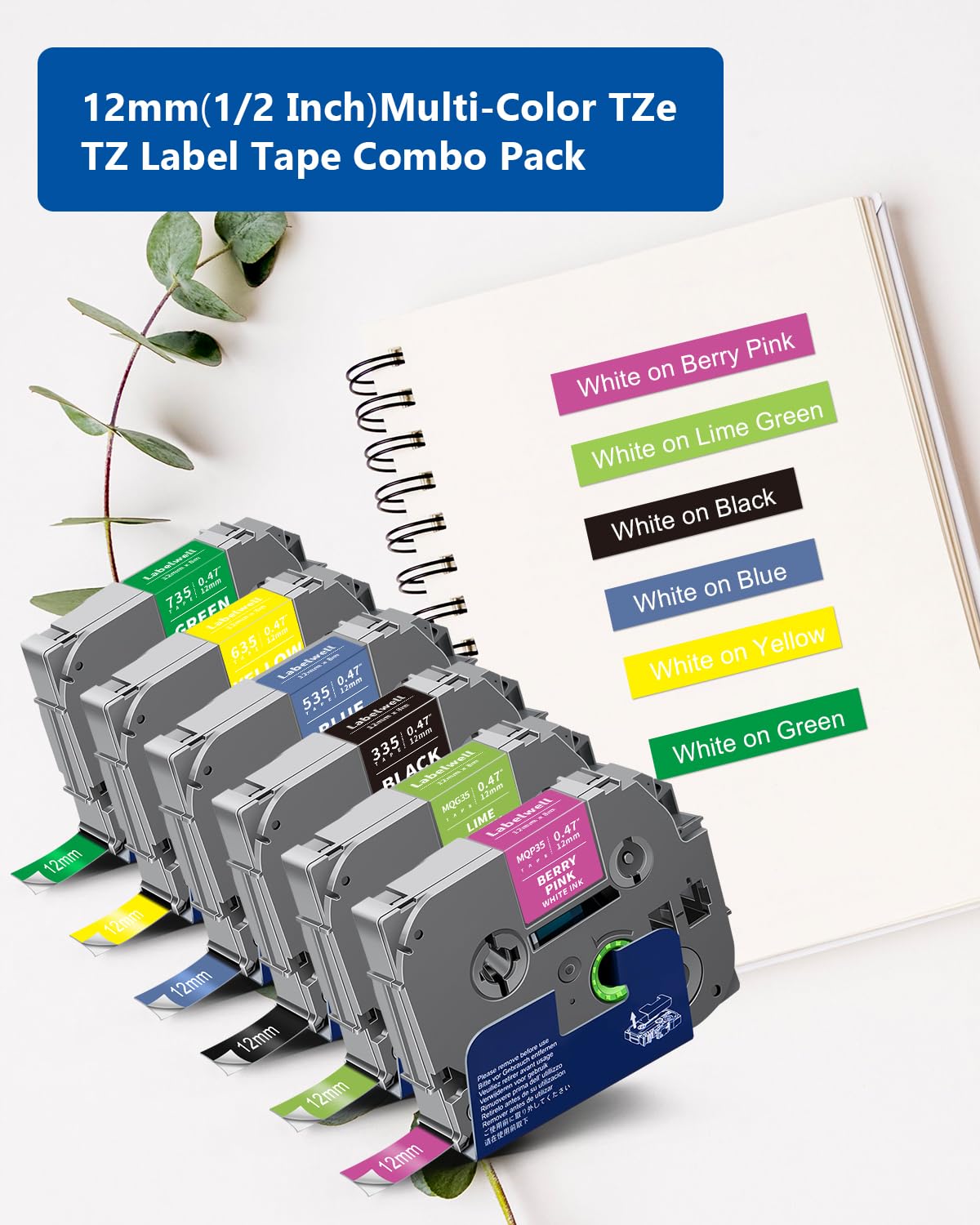Labelwell 6-Pack Compatible TZe Label Tape 12mm 0.47 Laminated Multi-Color TZe-335 535 635 735