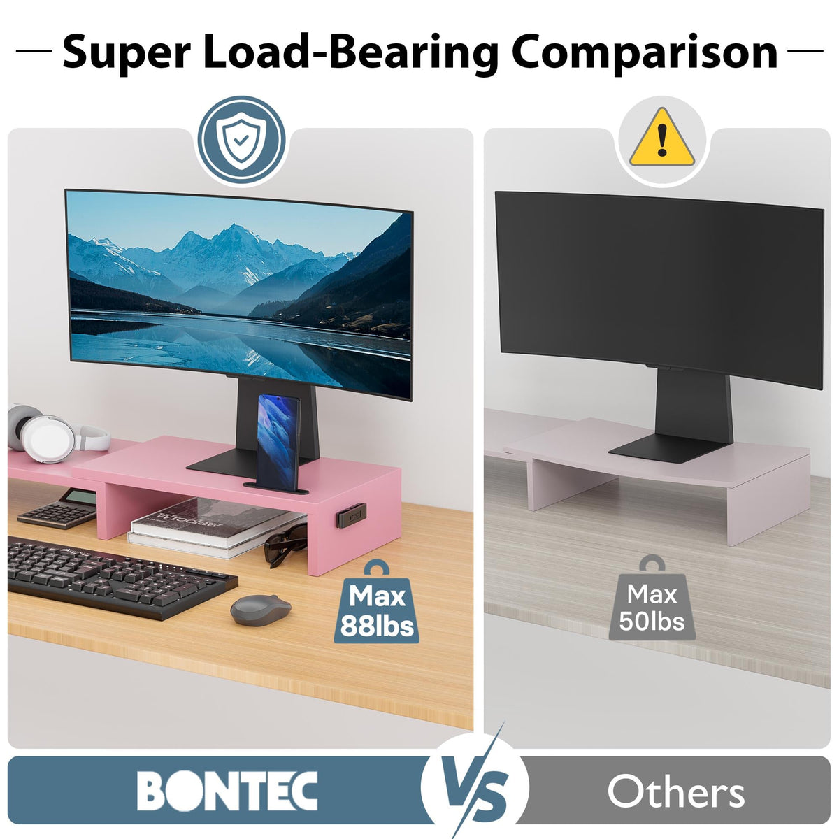 BONTEC Dual Monitor Stand Riser, Adjustable Length & Swivel Angle, Pink