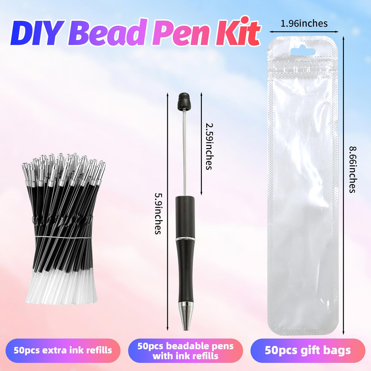 DASTTUIS 150 Pieces DIY Beadable Pen Kit – 50 Plastic Ballpoint Pens with Refills & Bags – School