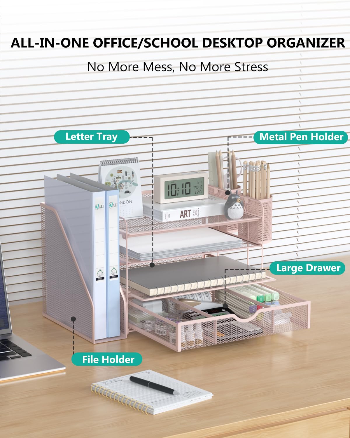 WALI Desk File Organizer, 4 Tier Desktop Paper Letter Tray Organizer with Drawer and 2 Pen Holders