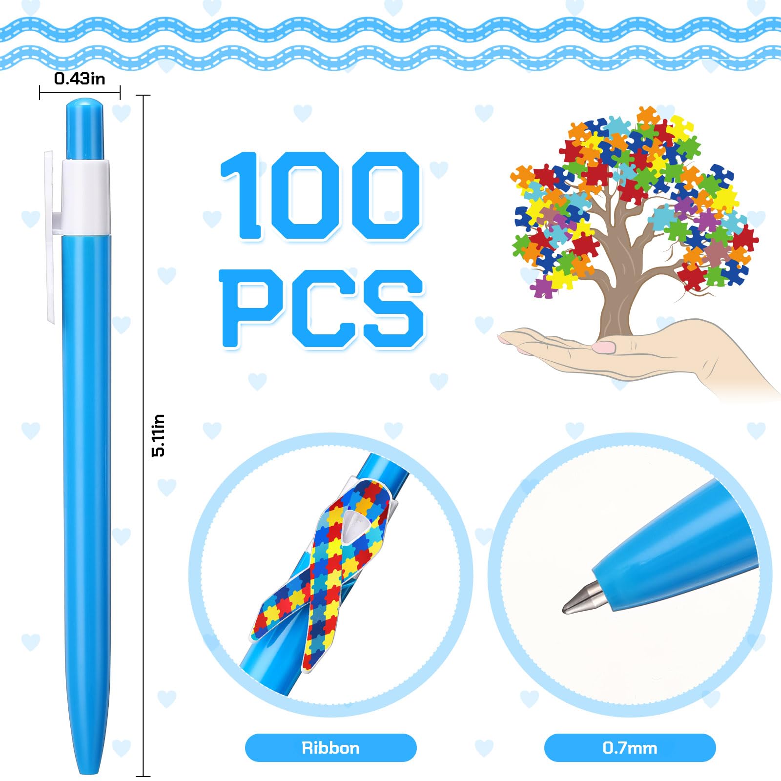Yexiya 100 Pcs Autism Awareness Pen Puzzle Ribbon Bulk, Black Ink