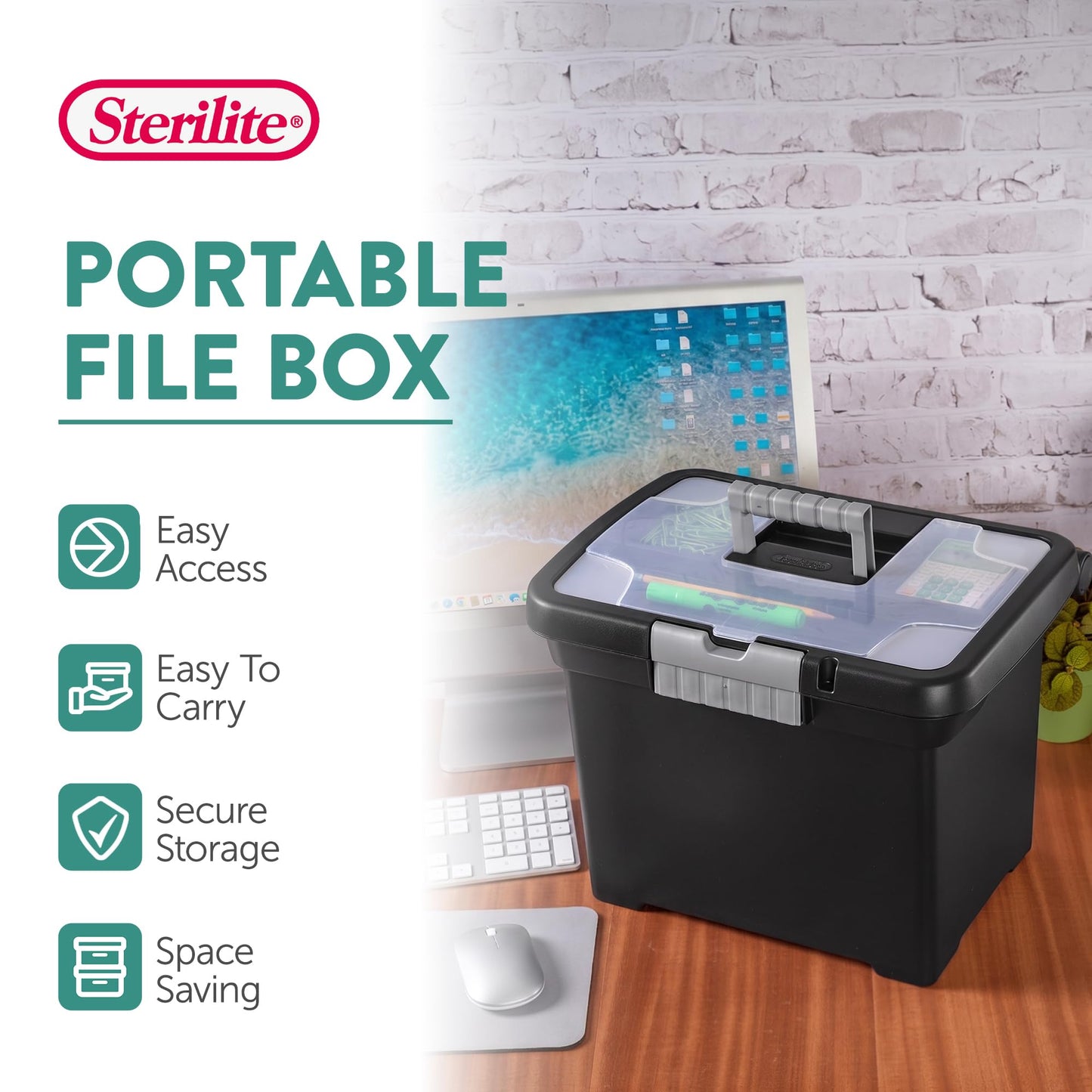 Sterilite Portable File Box, Letter File Storage Bin with Handle, 4 Pack