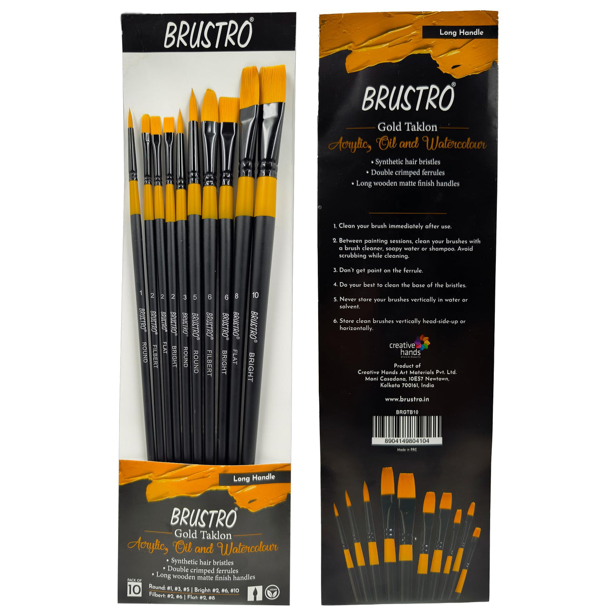 BRUSTRO Artists Gold Taklon Set Of 10 Brushes For Acrylics, Oil And Watercolour. Gold Taklon Set of