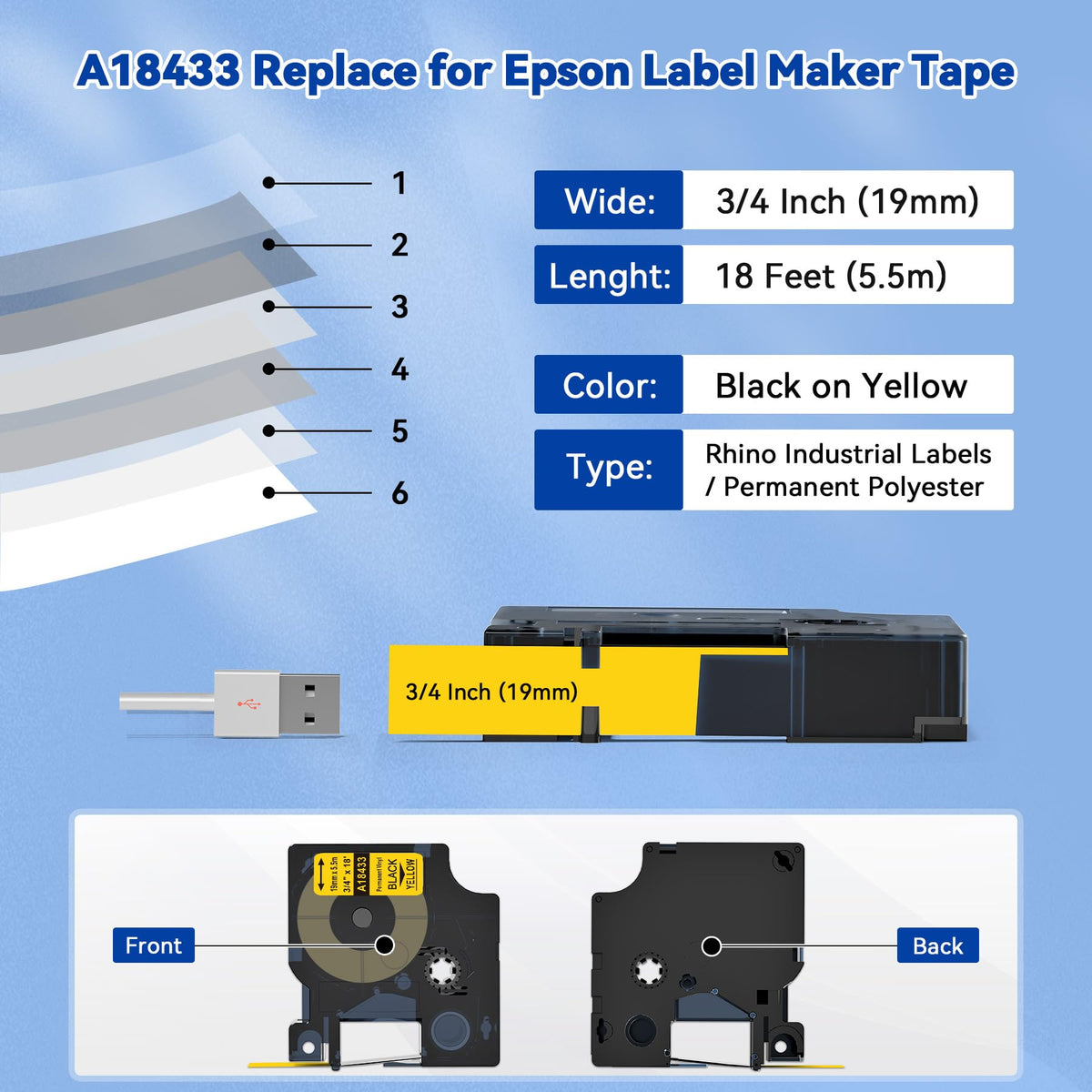 18433 Permanent Vinyl Tape Yellow Replace for Dymo Rhino 4200 Label Tape
