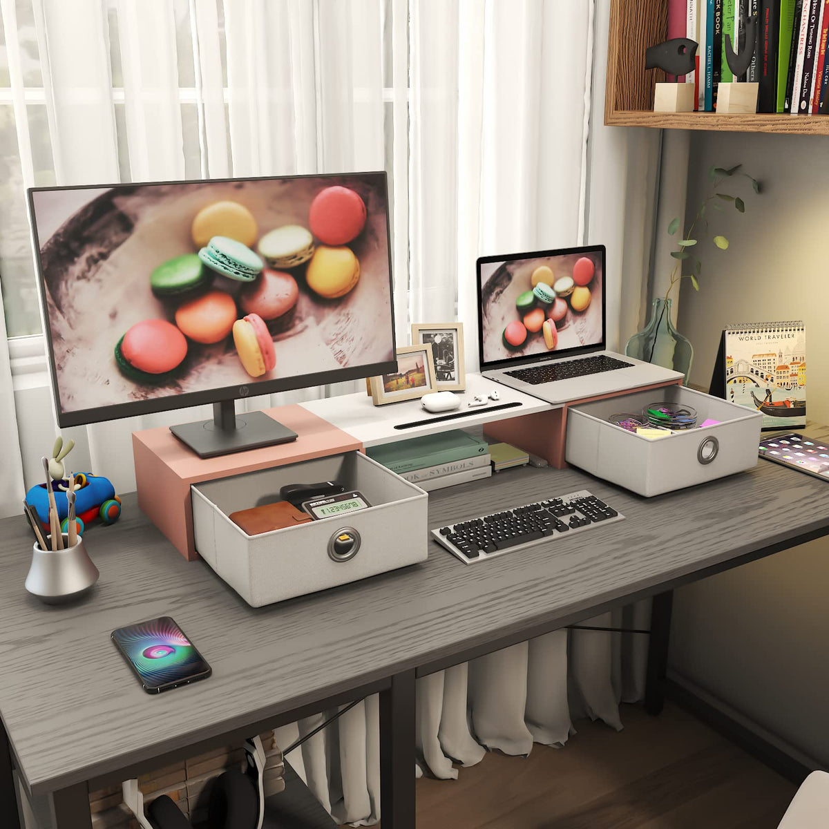 WESTREE Dual Monitor Stand Riser with Two Drawers, Extra Large Storage Monitor Stand for 2