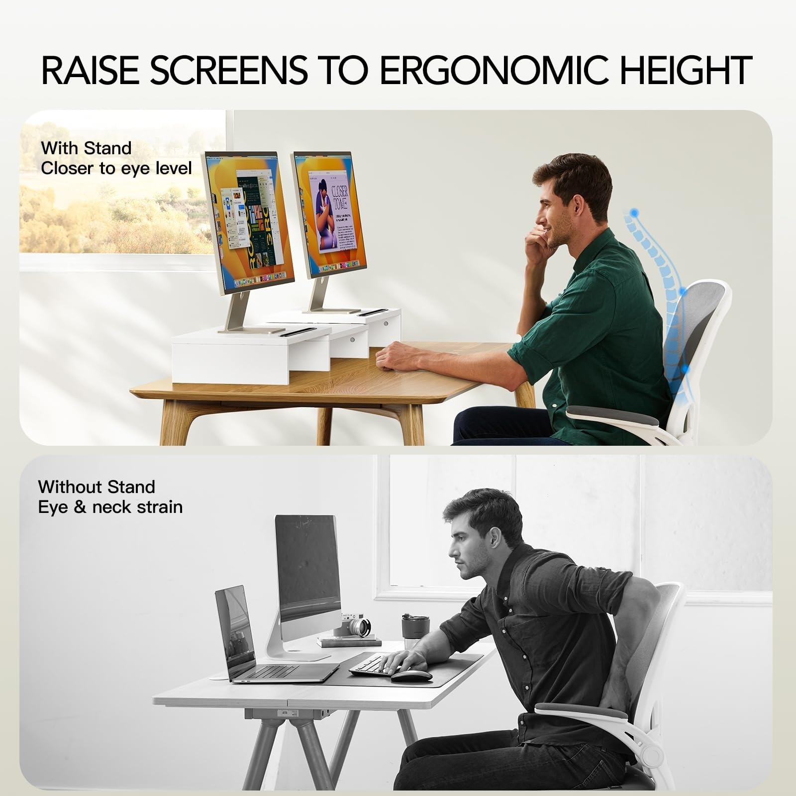AMERIERGO Dual Monitor Stand Riser- 3 Shelf Screen Stand with Adjustable Length and Angle, 2 Extra