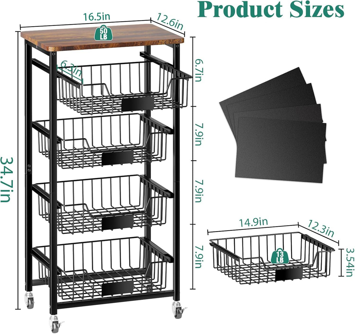 XYZLVSI Kitchen Storage Cart on Wheels, 5 Tier Fruit Vegetable Basket Rack