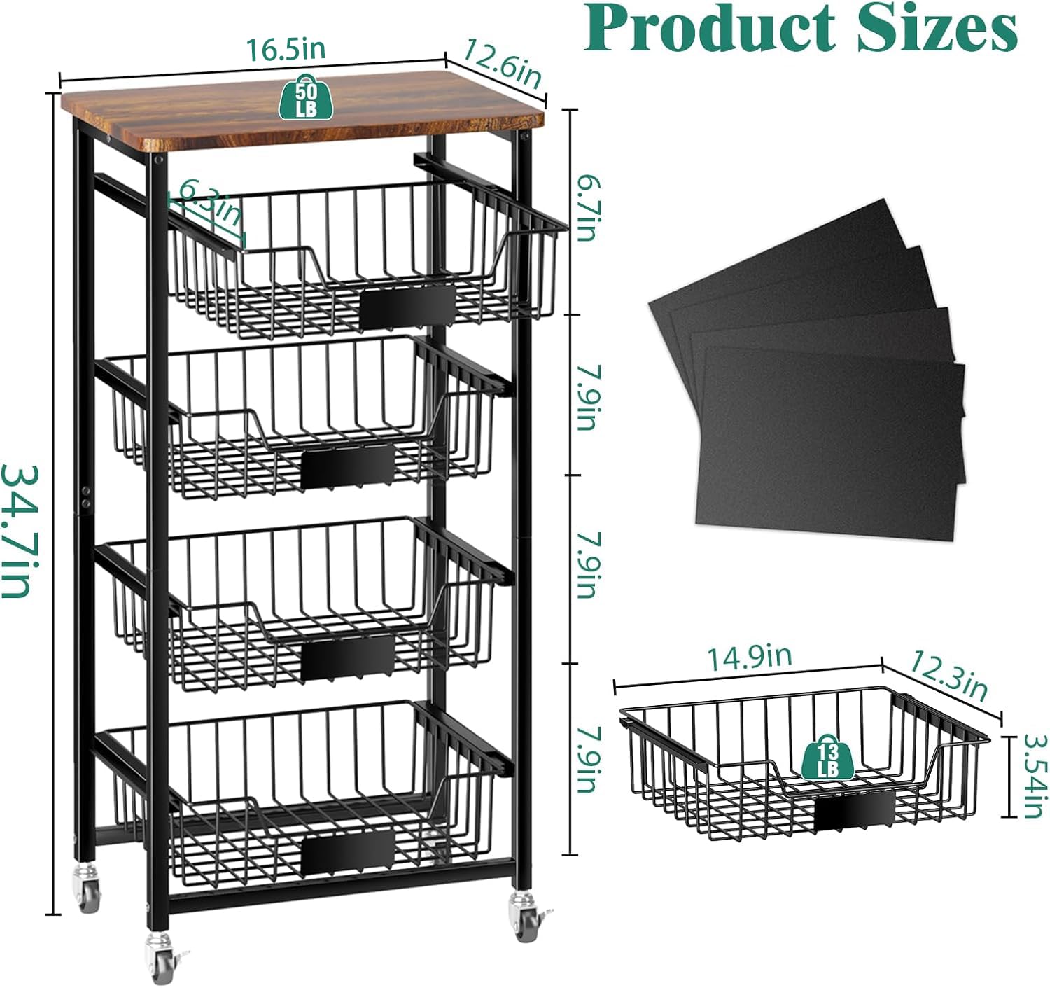 XYZLVSI Kitchen Storage Cart on Wheels, 5 Tier Fruit Vegetable Basket Rack