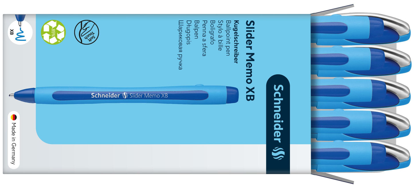 Schneider Slider Memo XB (Extra Broad) Ballpoint Pen, 1.4 mm, Light Blue Barrel, Blue Ink, Box of