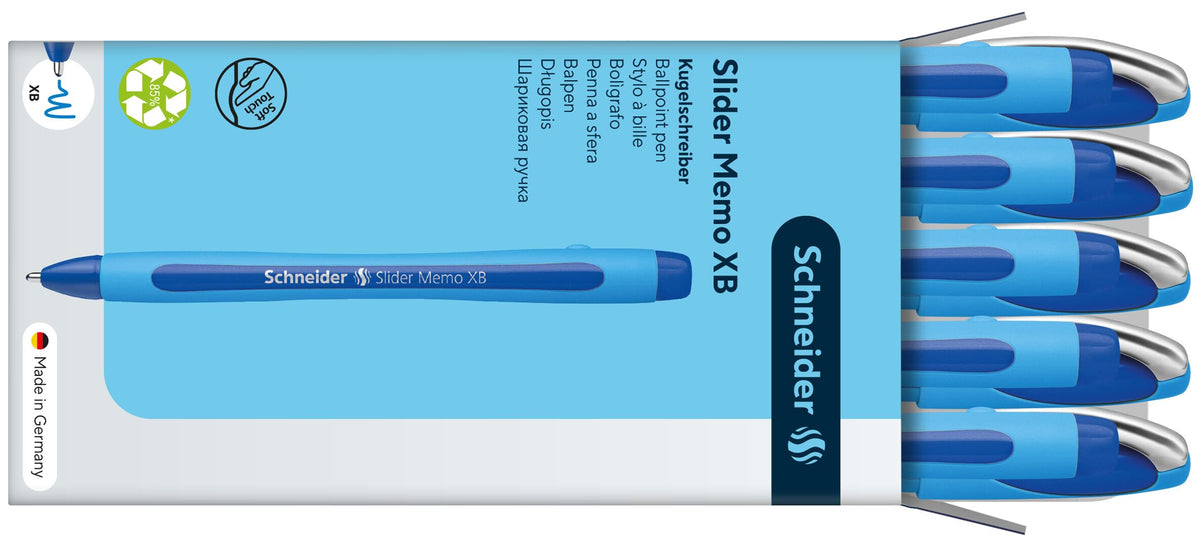 Schneider Slider Memo XB (Extra Broad) Ballpoint Pen, 1.4 mm, Light Blue Barrel, Blue Ink, Box of