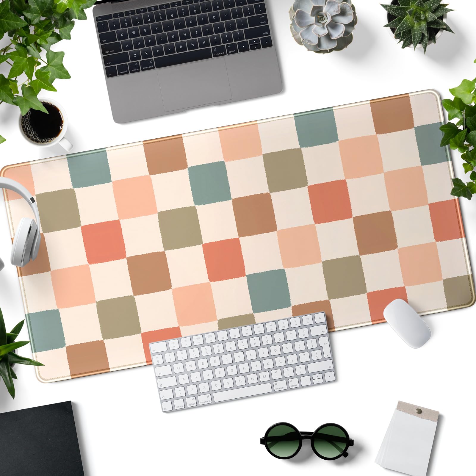 Boho Checker Desk Mat Beige Checkerboard Mouse Pad Large Aesthetic Desk Pad Extended Gaming