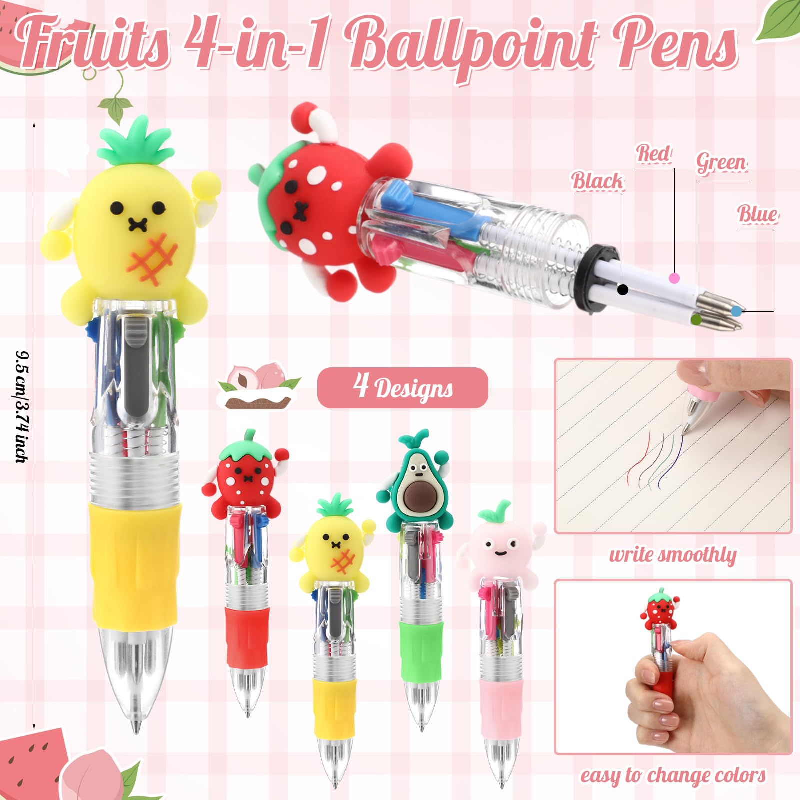 Sayglossy 24 Sets Fruit Party Favor Pens Gifts Bulk, 4 with Positive Cards