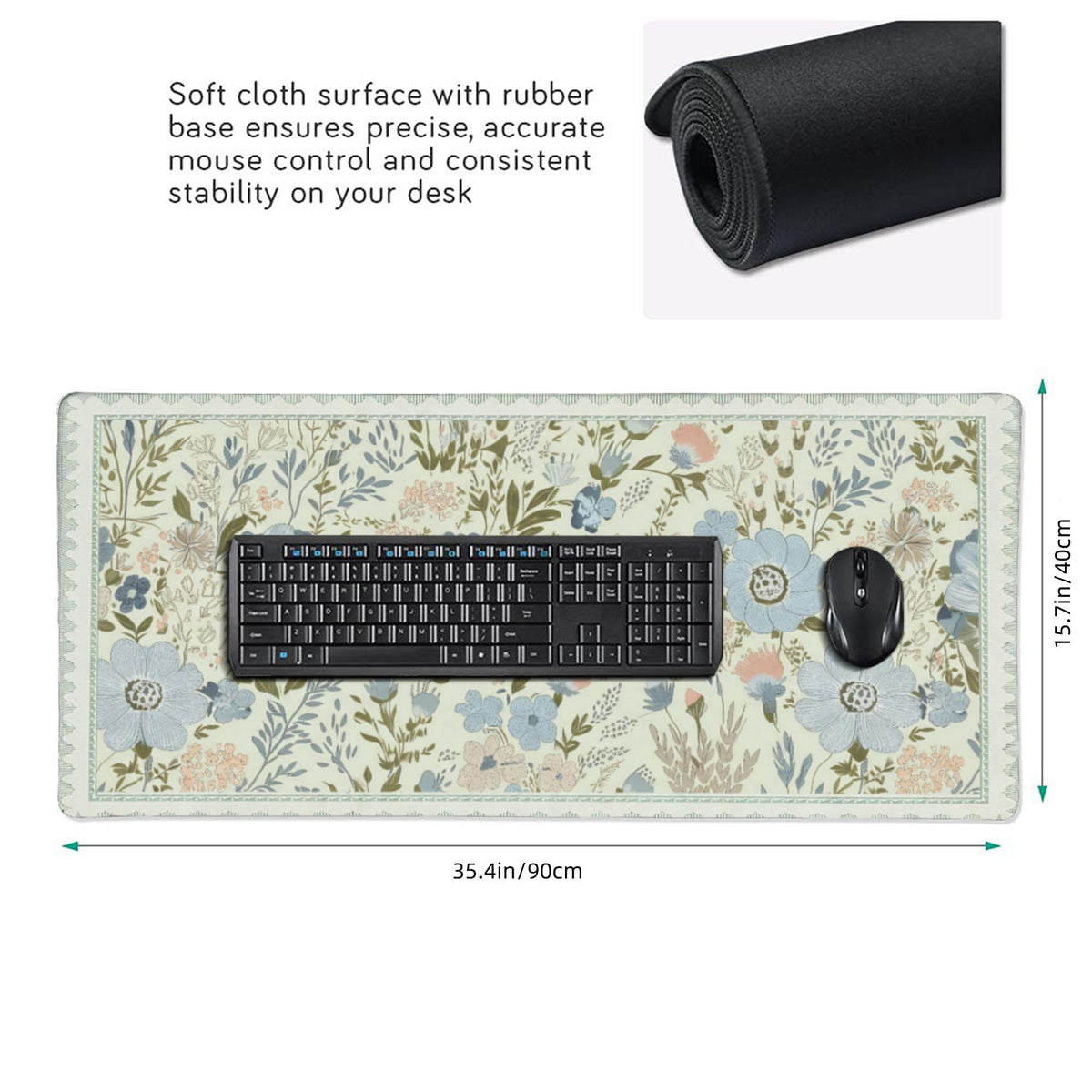 Sage Green Floral XXL Desk Pad, Extra Large Mouse Pad with Anti-Slip Base & Stitched Edges, Desk
