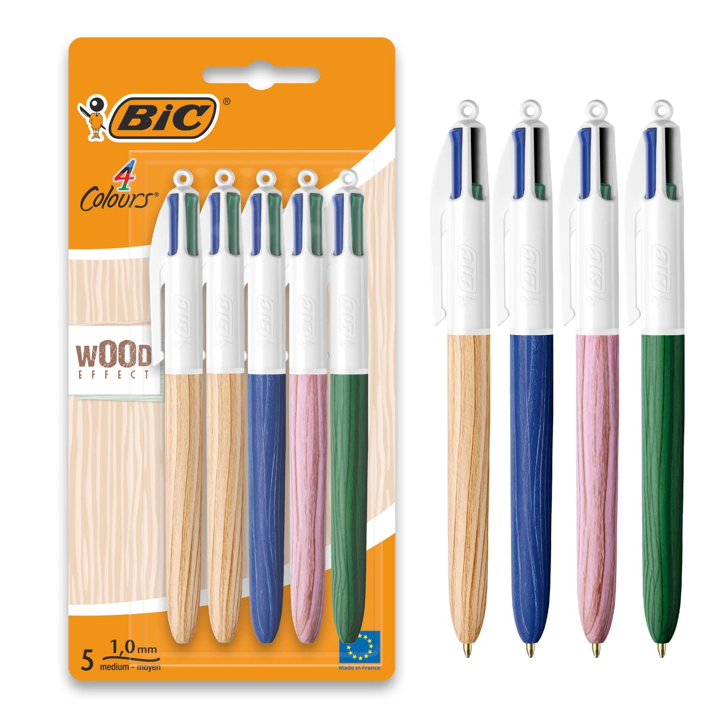 Bic 4 Colours Wood Effect Pens, Multi Coloured Pens All In One, Retractable Pens, Medium 1.0mm