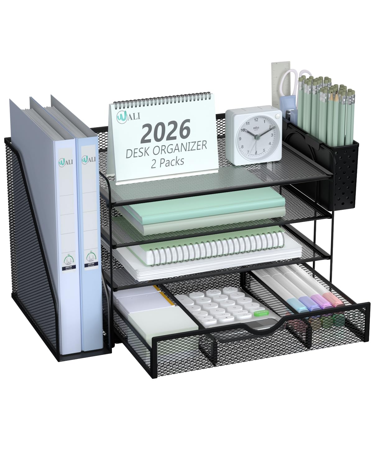 WALI Desk File Organizer, 4 Tier Desktop Paper Letter Tray Organizer with Drawer and 2 Pen Holders