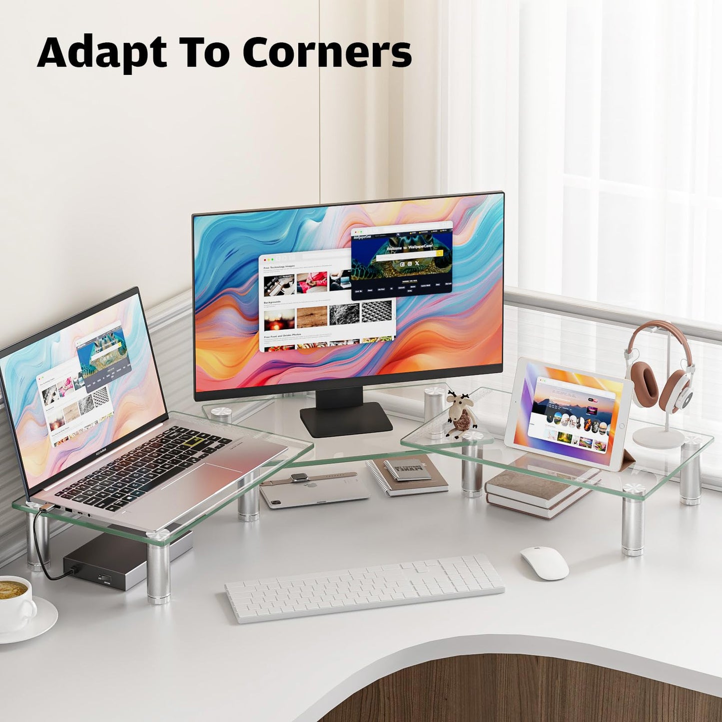 Hemudu Dual Monitor Stand -Adjustable Length and Angle Dual Monitor Riser, Desktop Organizer for
