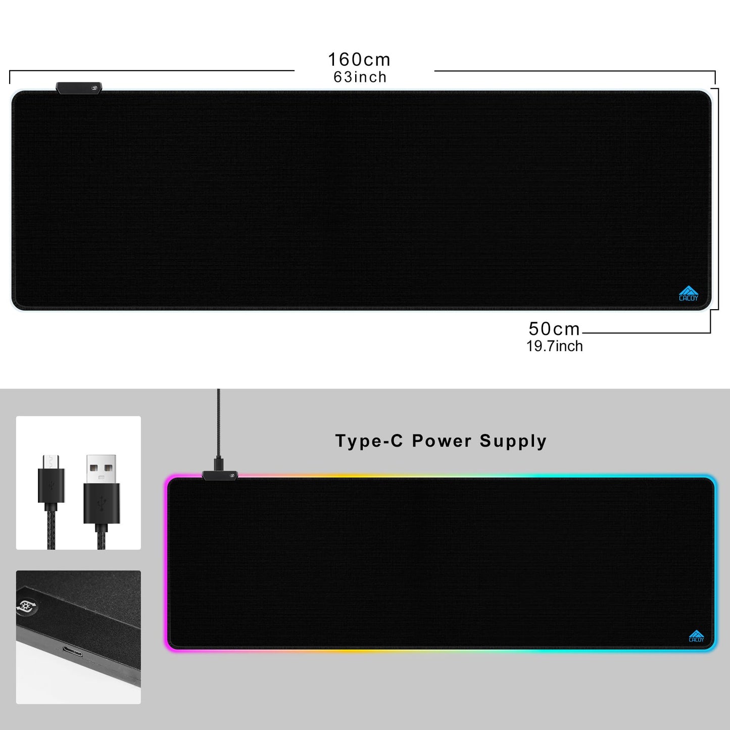 Cacoy 63"x20" Large RGB Gaming Mouse Pad, XXL LED Computer Mouse Mat, Black