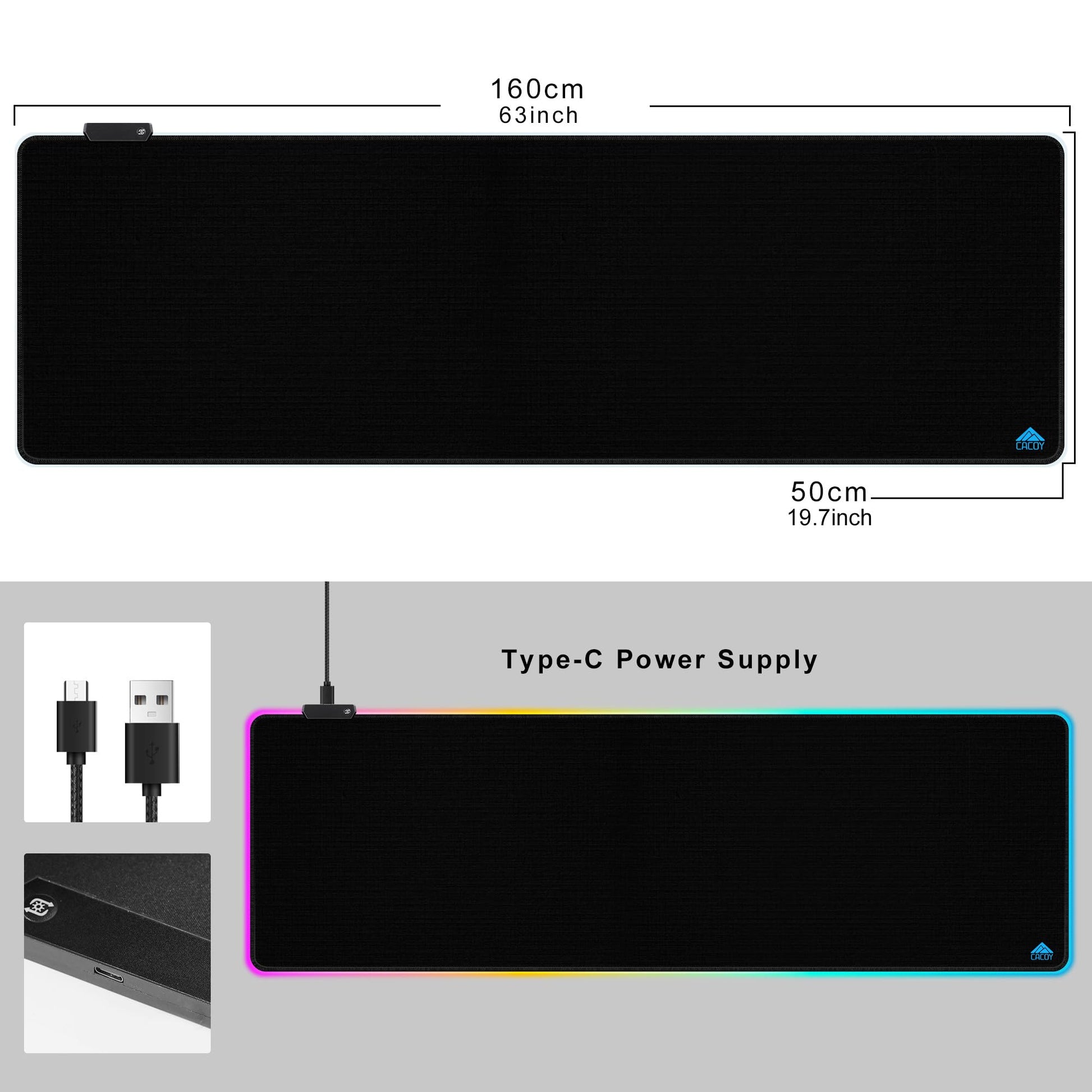 Cacoy 63"x20" Large RGB Gaming Mouse Pad, XXL LED Computer Mouse Mat, Black