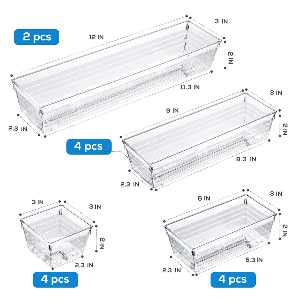 DCA 14 PCS Clear Plastic Drawer Organizer Tray, 4 Sizes Vanity Trays