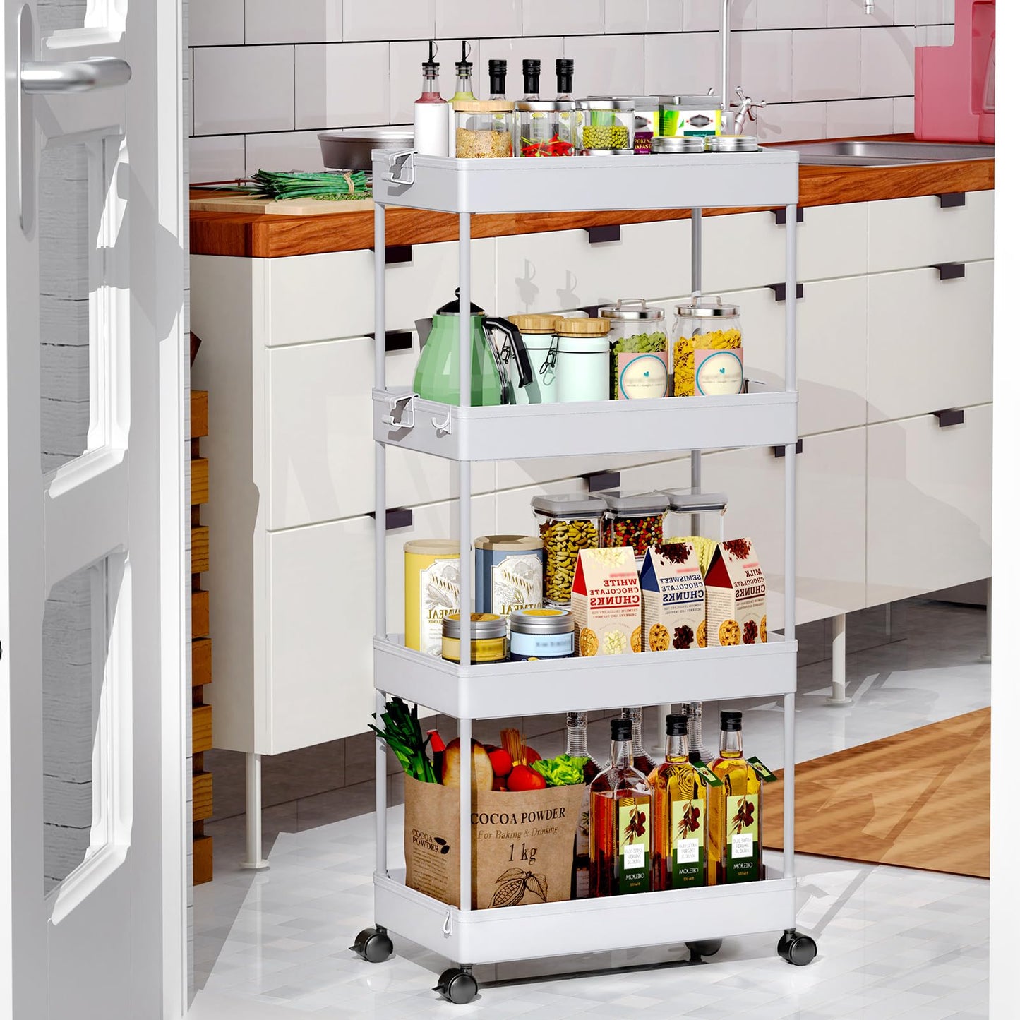 SPACEKEEPER 4 Tier Rolling Cart, Bathroom Cart Organizer with Wheels, Gray