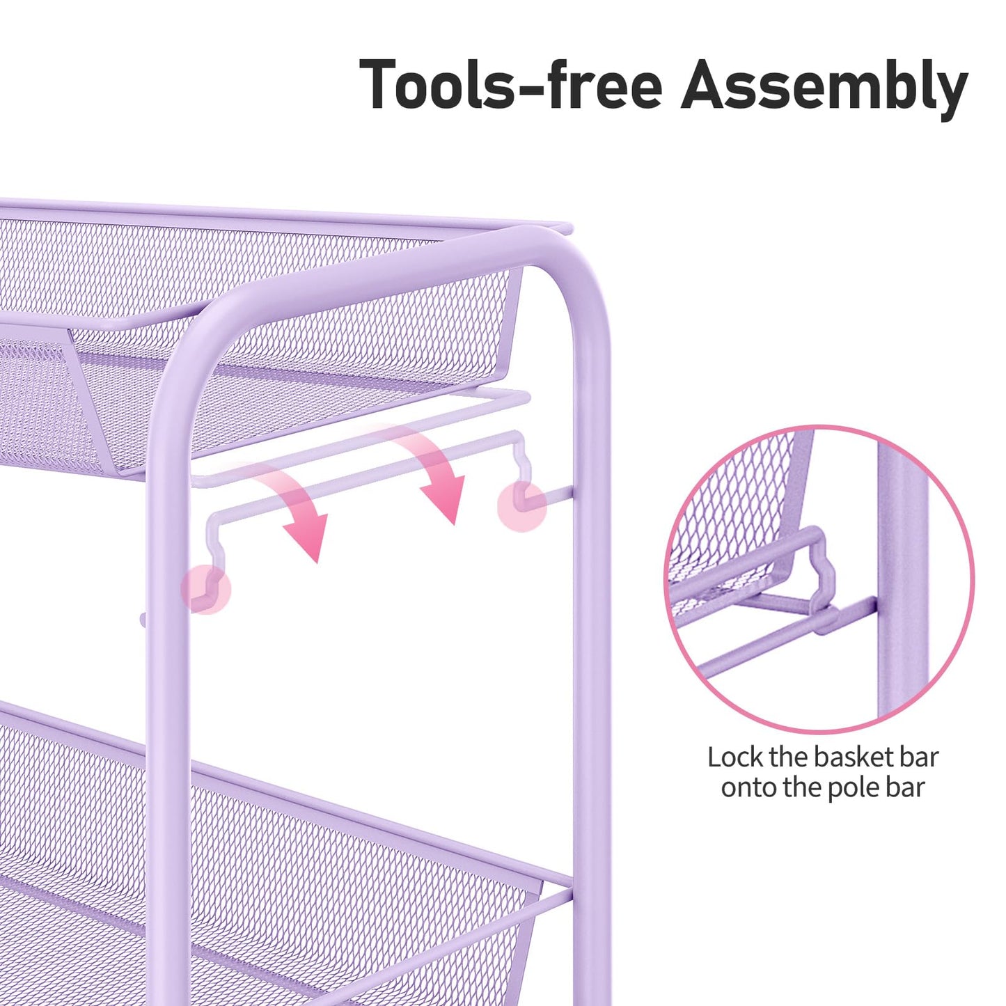 TOOLF 3 Tier Rolling Cart, Metal Utility Storage Cart with Wheels, Purple