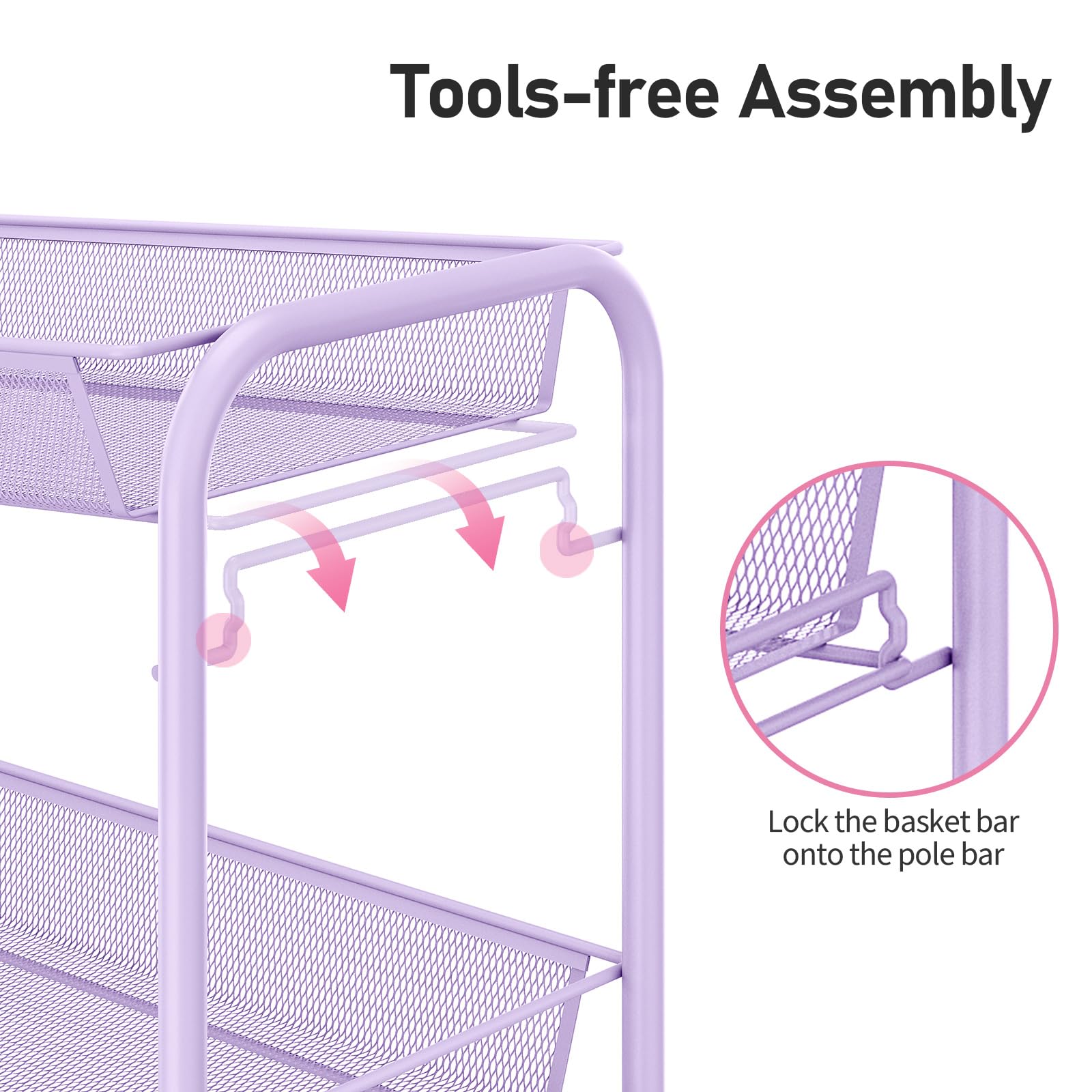 TOOLF 3 Tier Rolling Cart, Metal Utility Storage Cart with Wheels, Purple
