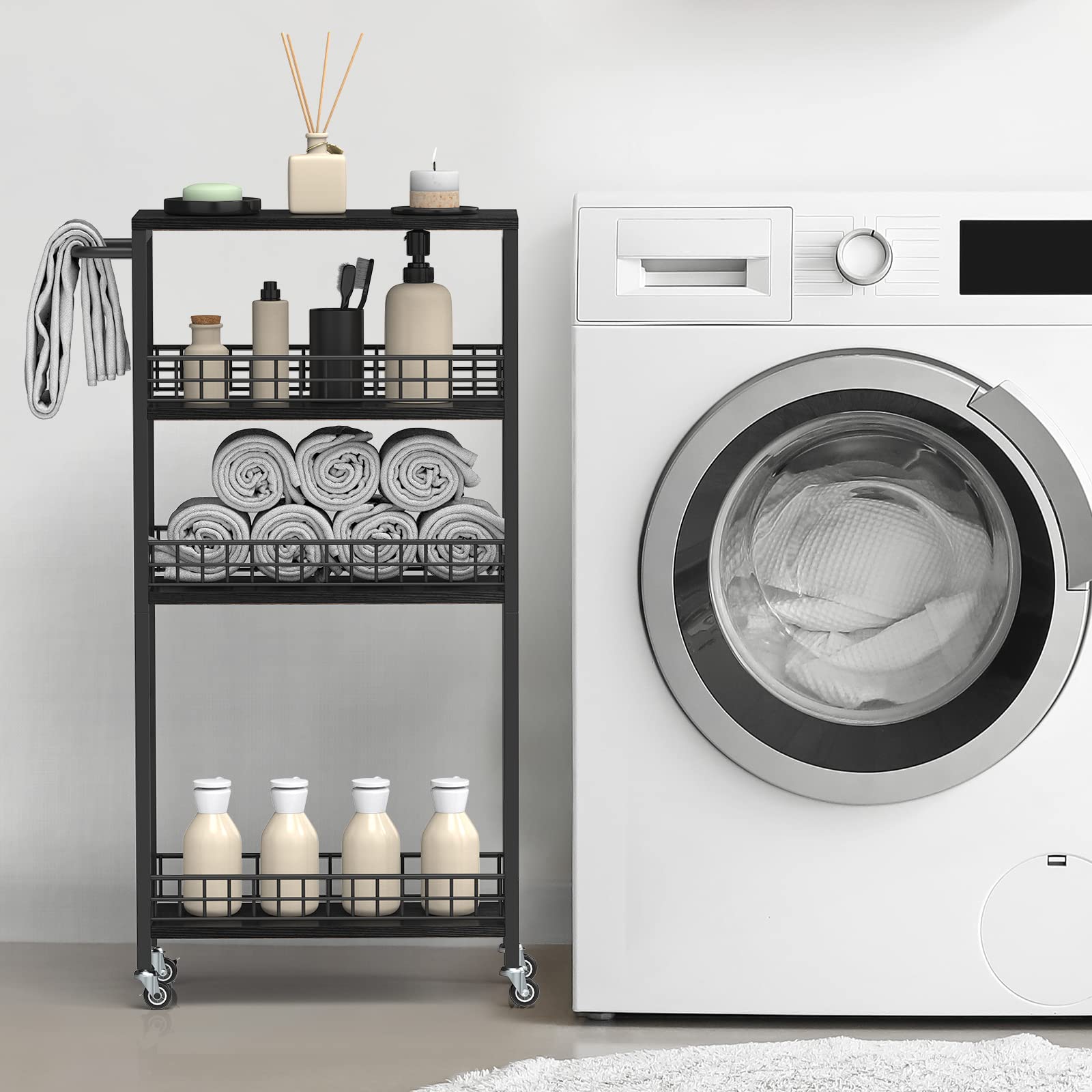NOVIMANGO Slim Rolling Storage Cart, for Bathroom Small Spaces, Black