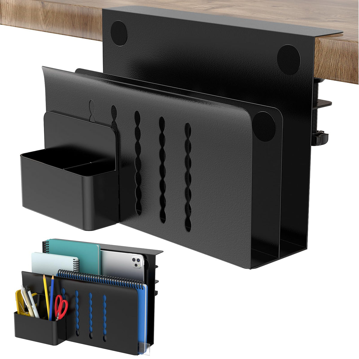 HAMOPY Desk Side Storage, 2 Tier Steel Hanging Desk Organizer with Magnetic Pen Holder, No Drilling