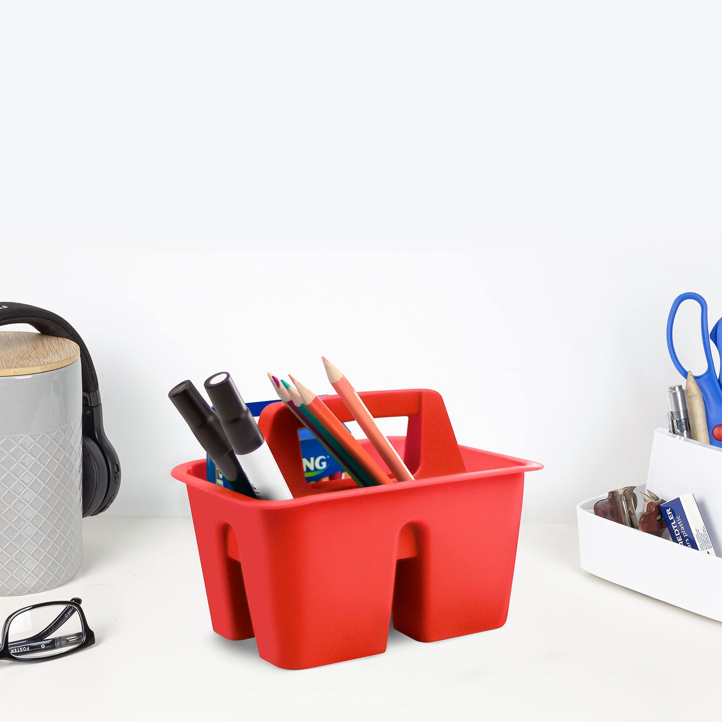 Storex Mini Classroom Caddy, Multipurpose Classroom Organizer with Handle, Red, Pack of 12