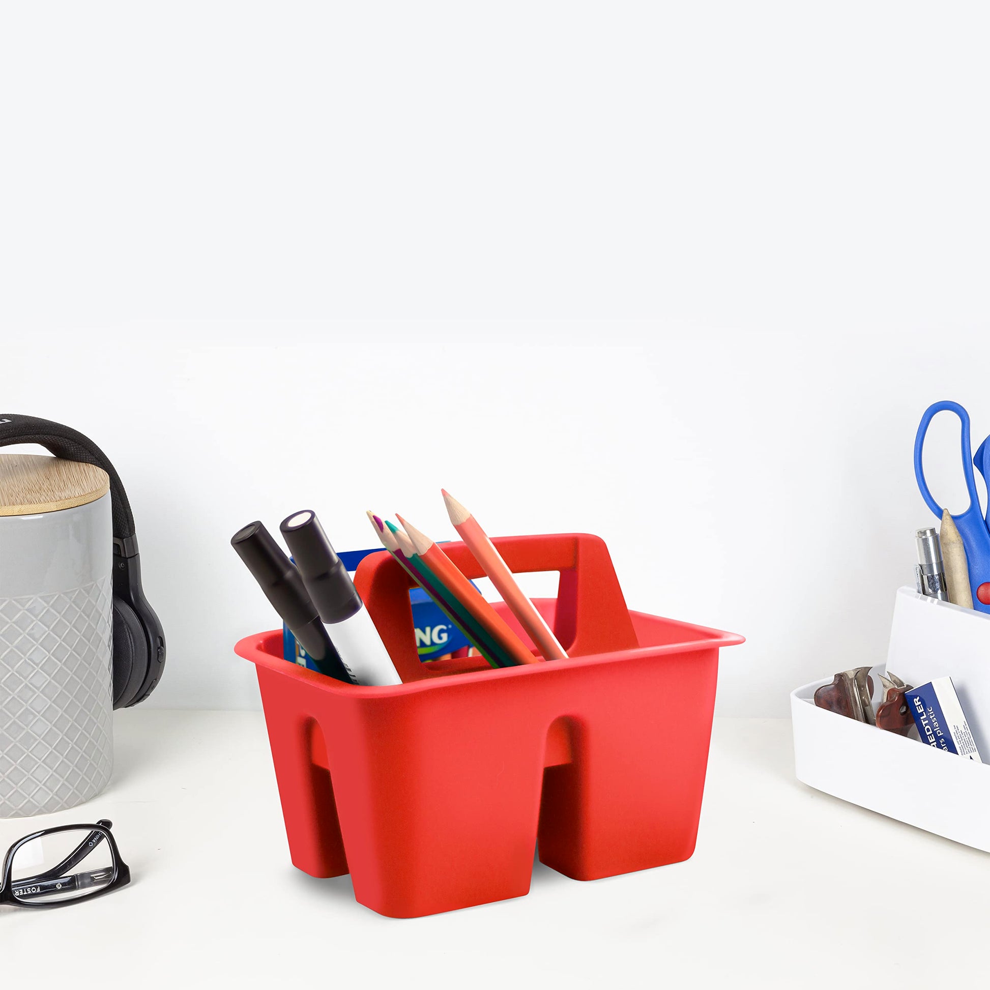 Storex Mini Classroom Caddy, Multipurpose Classroom Organizer with Handle, Red, Pack of 12