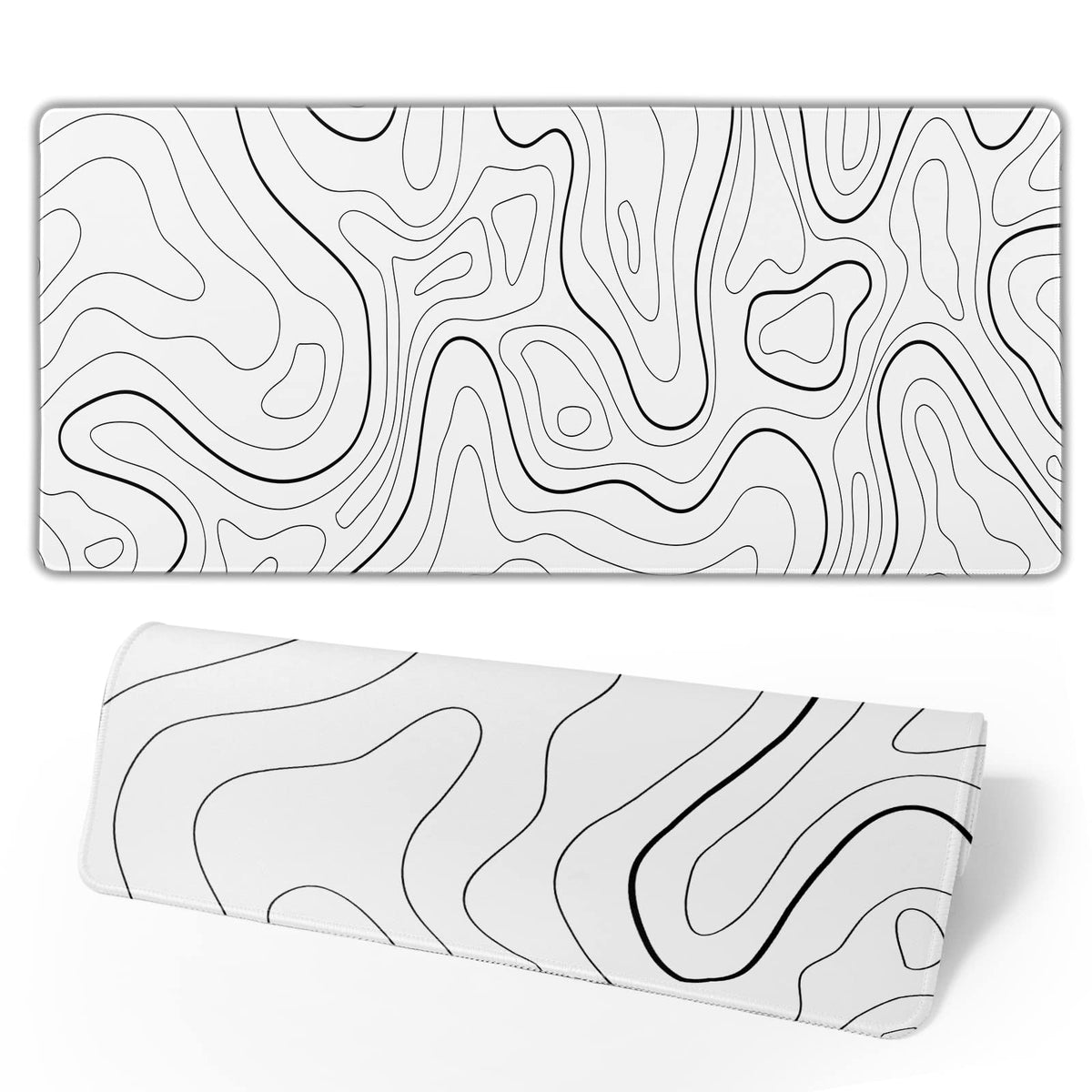 White Extended Gaming Mouse Pad - 31.5 x 11.8 Inch Black and White Topographic Mouse Pad with