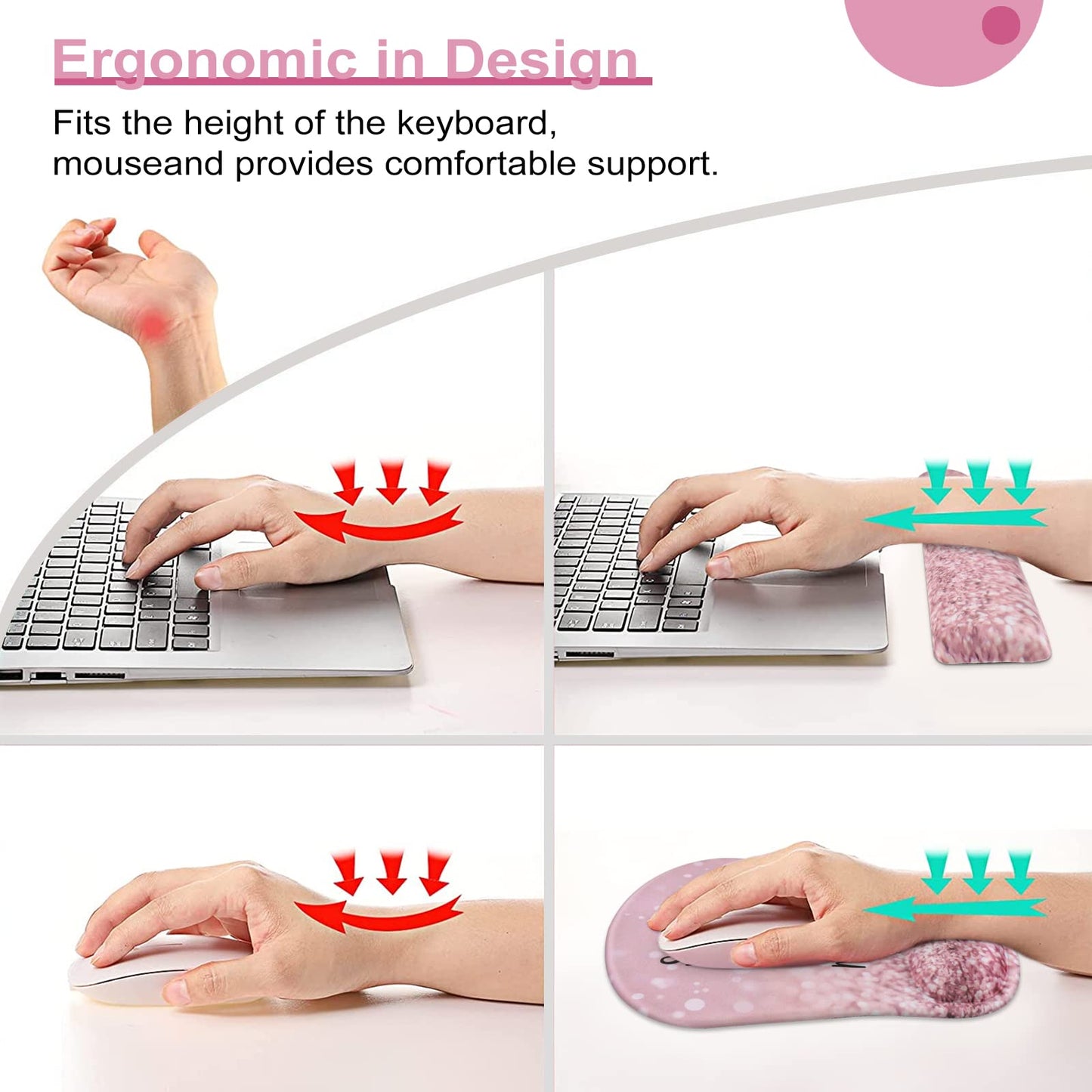HAOCOO Pink Mouse Pad Support, Keyboard Wrist Rest, Gel Wrist Rest for Computer and Mouse Pad Set