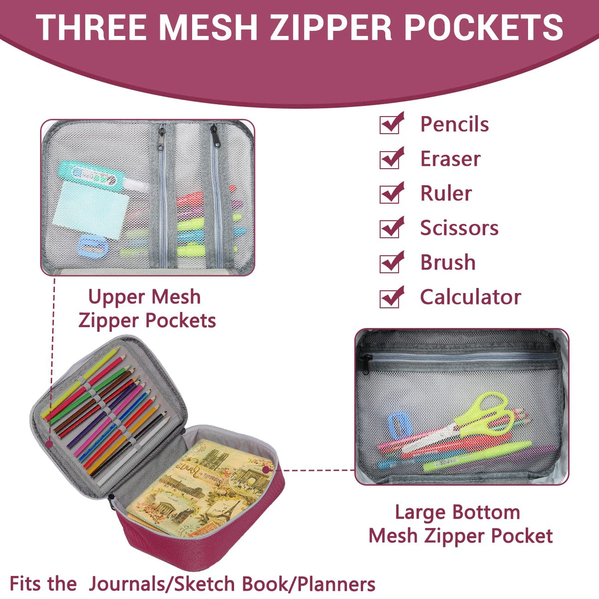 VASCHY Large Pencil Case, Art Color Pencils Pouch with Detachable Layers Multiple Zip Pockets for