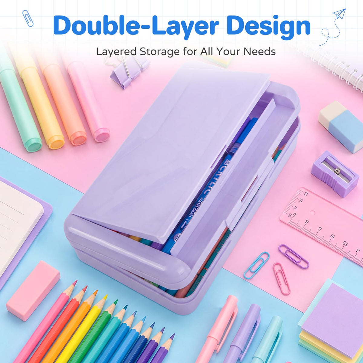 6 Pack Plastic Hard Color Double Layer Cute Pencil Box Case For Girl Boy