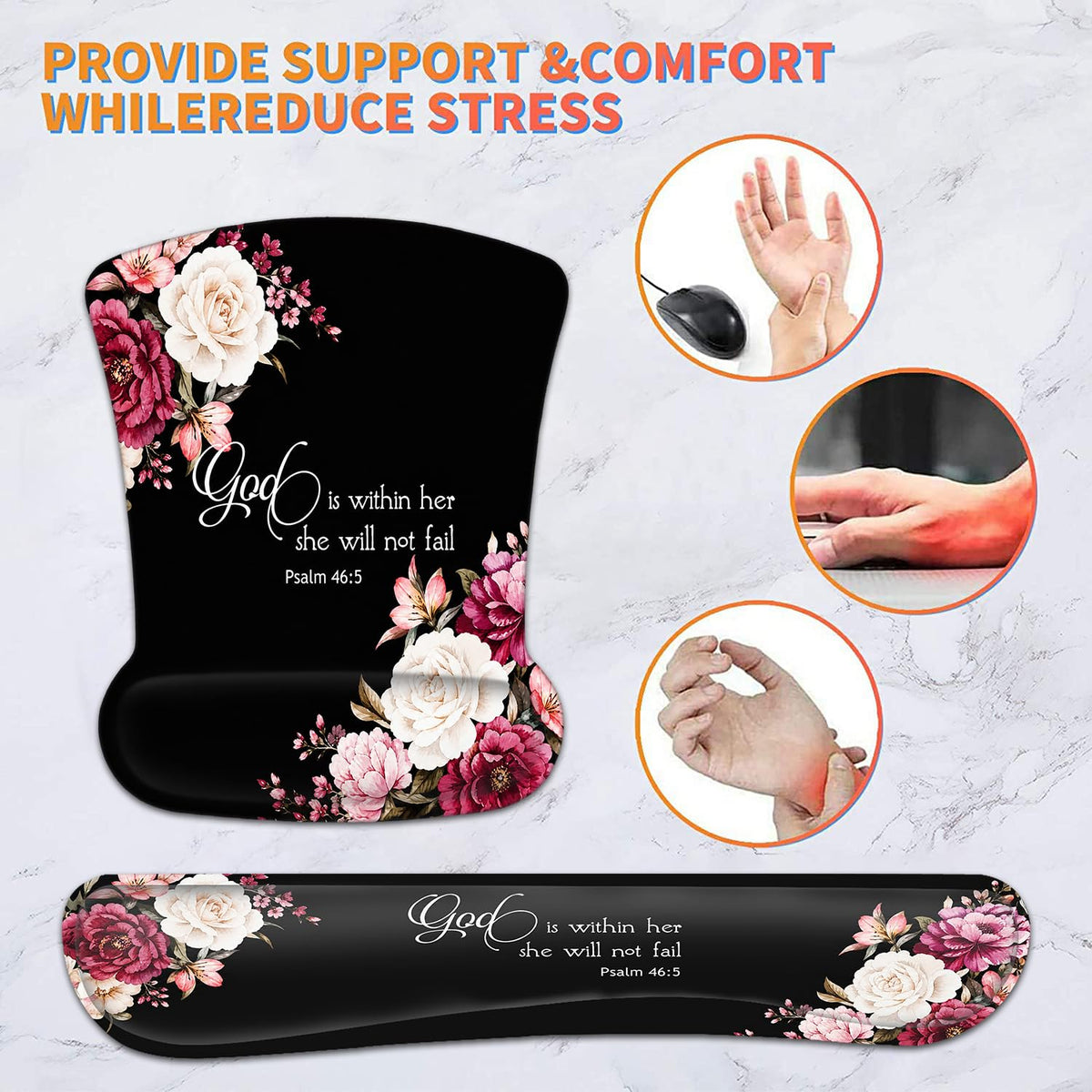 Keyboard Wrist Rest Pad and Ergonomic Mouse Pad Wrist Support Set Psalm 46:5 God is Within Her, She