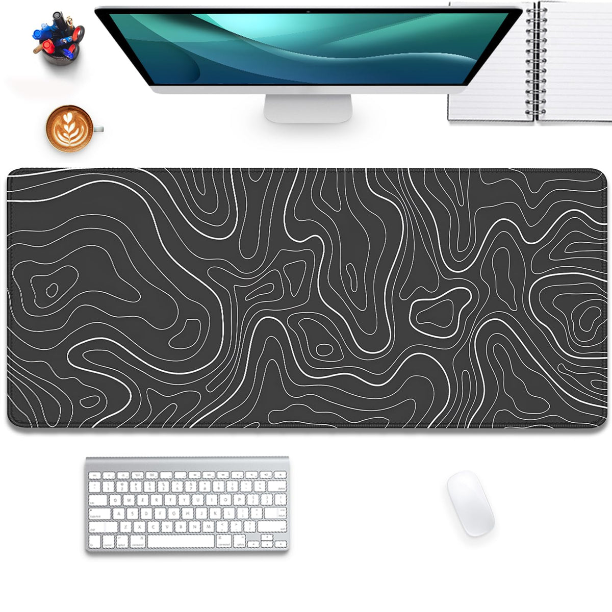 Black Topographic Mouse Pad,Gaming Desk Pad with Stitched Edges Non-Slip Rubber Base Extended XL
