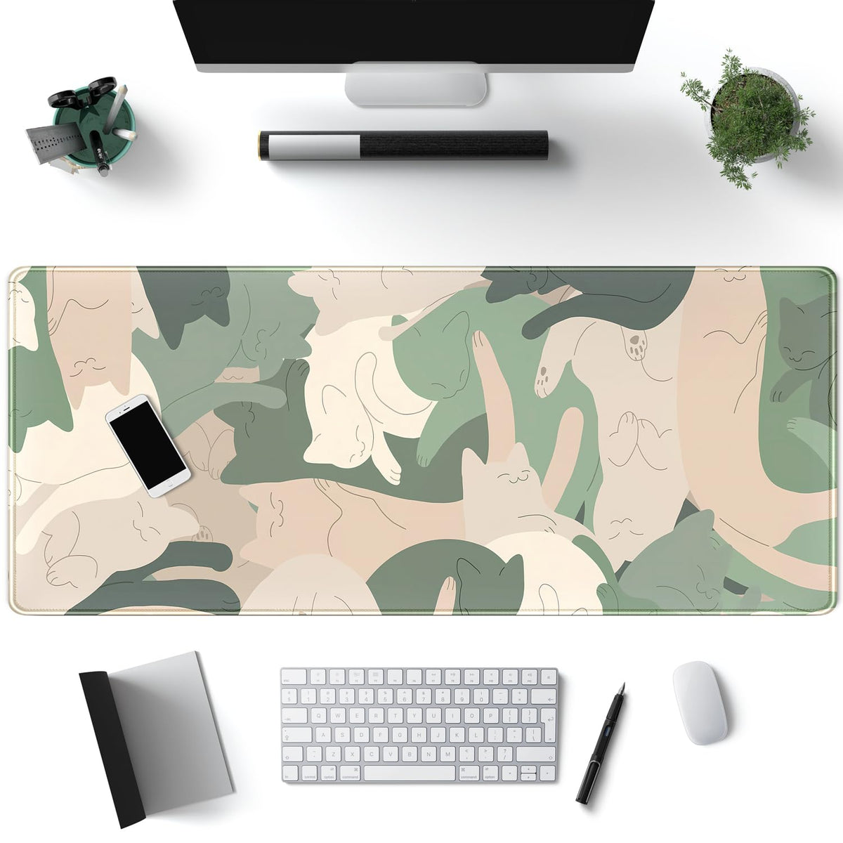 Green Simple Cat Desk Mat Sleeping Cute Long Cool Mouse Pad for Laptop Gaming Computer Keyboard Pad