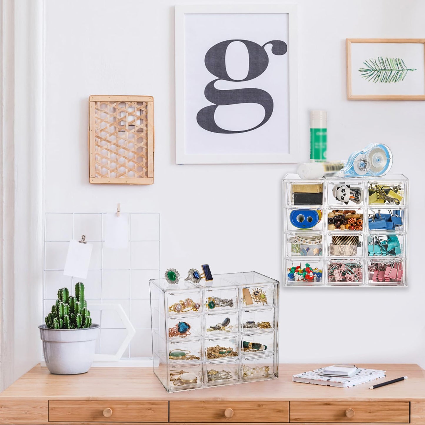 YOUEON 2 Pack Mini Desk Organizer with 12 Removable Drawers, Clear Plastic Desktop Drawer